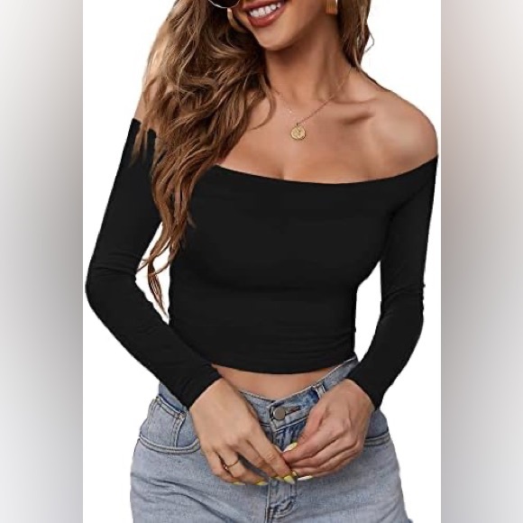 Huhot Tops - Elegant Black Off-Shoulder Cropped Women's Top XS Super Soft Modal